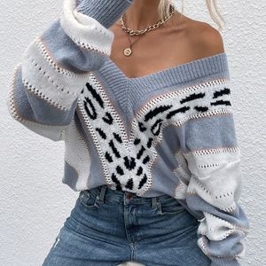 Blue White Leopard Print Off Shoulder Oversized Sweater